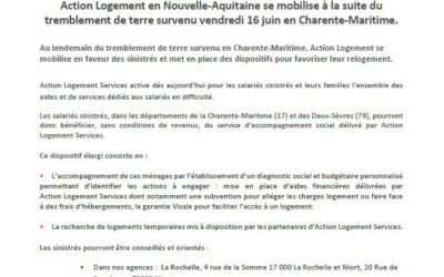 Action Logement se mobilise à la suite du tremblement de terre en Charente-Maritime !